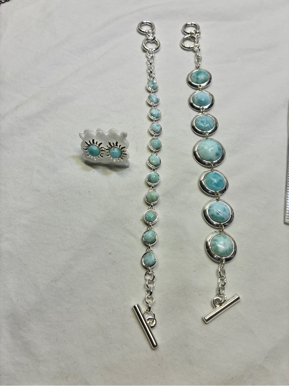 Natural Larimar Bracelets with Matching Earrings toggle clasp Silver Toned